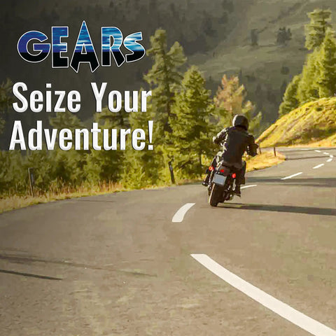 Motorcyclist on scenic road with "GEARS Seize Your Adventure" text, highlighting Easy Cruise Motorcycle Throttle Lock Set It And Forget It Cruise Control For Old Sport Bikes And Cruisers Slash Wrist Strain On Long Rides With Quick Slide On Handlebar Install And Universal Fit