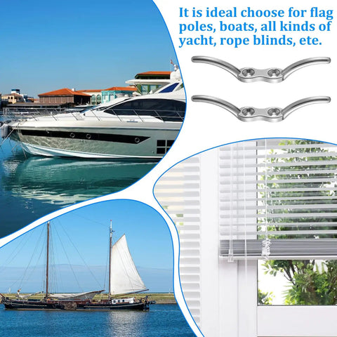 Heavy Duty 4 Inch Stainless Steel Rope Cleat With Mounting Screws For Decks Docks Boats And Kayaks Marine Hardware 316 Stainless Saltwater Ready Durable Dock Cleat For Marine Use And Nautical Decor in a collage with marina views.
