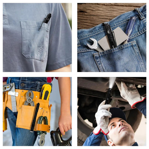 Rechargeable LED Pen Light Flashlight with 300 Lumens in shirt and pants pockets, tool belt, used for car inspection