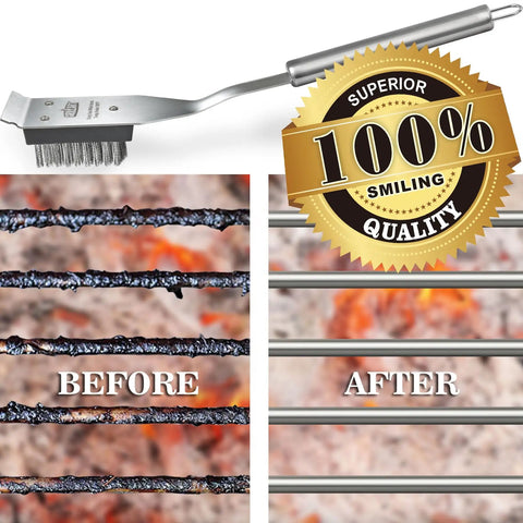 Grill Brush And Scraper With 16.5 Inch Stainless Steel Bristles For Outdoor Grills, heavy duty cleaning before and after results