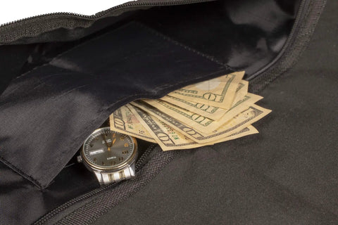 Open Under Clothes Lowkey Hidden Safe Hanger Diversion Pocket For Stashing Valuables At Home Or While Traveling With Bonus Smell Proof Bag showing stored cash and watch inside black material.
