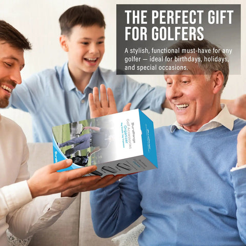 Family gifting All In One Golf Glove Holder Case With Glove Shaper Portable Organizer to excited elderly man in blue sweater