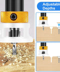 Six Piece Alloy Countersink Drill Bit Set With Depth Stop in use, drilling wood with adjustable depth feature demonstrated.