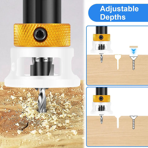 Six Piece Alloy Countersink Drill Bit Set With Depth Stop in use, drilling wood with adjustable depth feature demonstrated.
