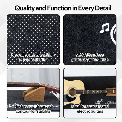 Details of Ultimate Guitar Care Kit With Felt Work Mat Neck Rest String Winder showing non-slip mat and neck rest support features.