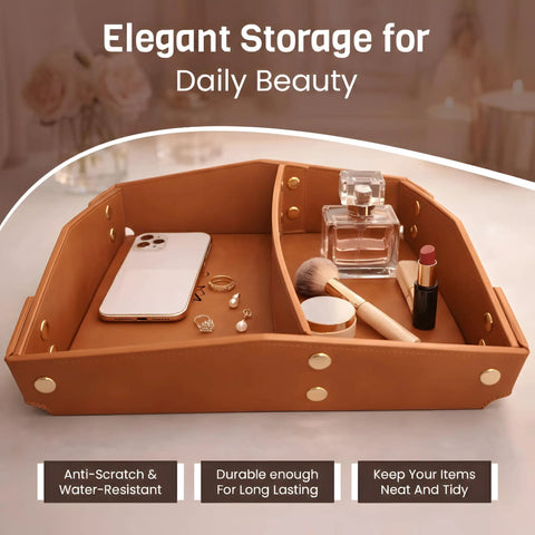 EDC Valet Tray Organizer in Saddle Tan PU Leather with Removable Divider showcasing phone and accessories on nightstand.