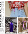 Person wearing Pink Carabiner Key Clip With Spring Loaded Gate Aluminum 7075 D Ring Hook Buckle with keys, plus water bottle and backpack use.