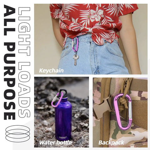 Person wearing Pink Carabiner Key Clip With Spring Loaded Gate Aluminum 7075 D Ring Hook Buckle with keys, plus water bottle and backpack use.