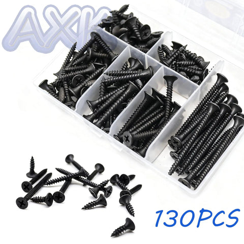 Rock Solid Number Six Fine Thread Drywall Screws Assortment With Phillips Bugle Heads For Sheet Rock And Wood Fixes Heavy Duty Rustproof Carbon Steel DIY Hardware Kit in assorted lengths with black finish in storage container.