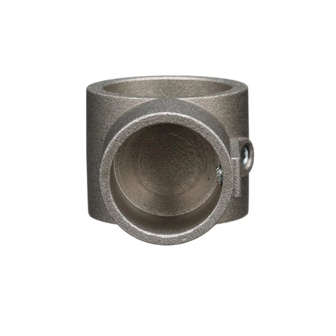 Heavy Duty Brushed Aluminum End Cross Brace Fitting Locks Down 1-1/2 Inch Legs And Nails 1-1/4 Inch Cross Braces, front view.