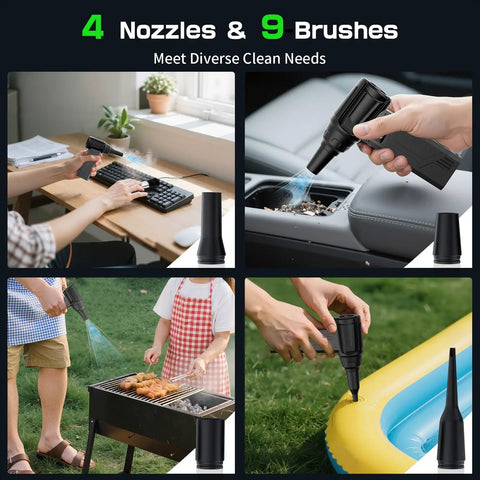 Electric Air Duster With Flashlight And Display, 180000 RPM High Speed Blower cleaning options for keyboards, cars, grills, and inflatables.