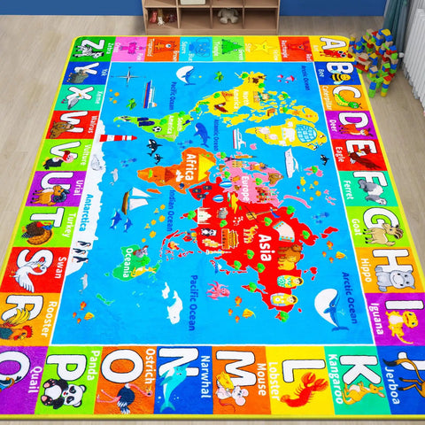 Interactive World Map Kids Rug for Playroom and Classroom 110 By 78.7 Inches Educational Geography Carpet With Continents Oceans Landmarks Animals Cultures Kid Friendly