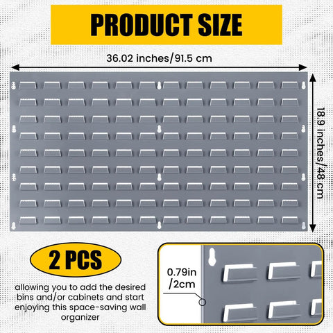 2 Pack Louvered Steel Garage Panels Wall Mounted Organizer For Hanging Storage Bins And Cabinets Heavy Duty 36 By 19 Inches Space Saving Tool Organization Pegboard System, showing dimensions and close-up of louvers.