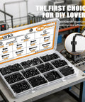 Open box of M3 Screws Kit 1015Pcs Dope Set With Hex Socket Head Cap Bolts Nuts And Washers for DIY projects on workbench.