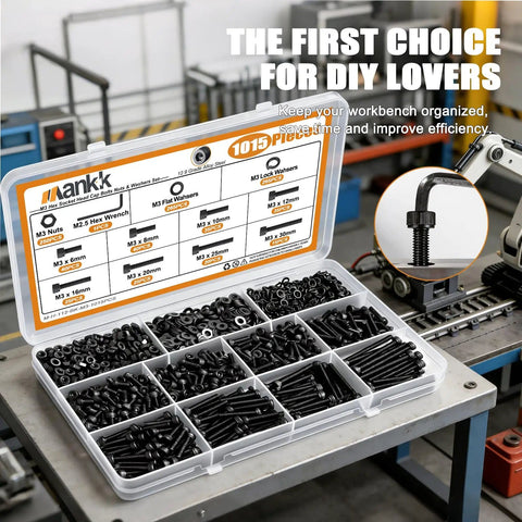 Open box of M3 Screws Kit 1015Pcs Dope Set With Hex Socket Head Cap Bolts Nuts And Washers for DIY projects on workbench.
