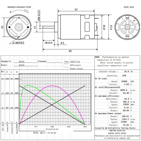 Technical drawing of Two Pack 24V DC Motors, 25,000 RPM High Speed Drive Motors for Kid's Ride On Cars with performance graph.