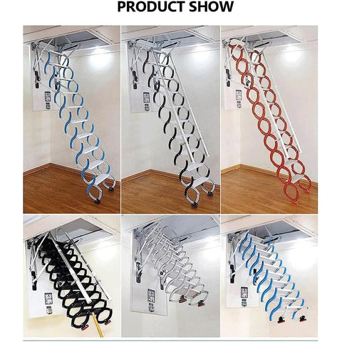 Smooth As Butter Electric Attic Pull Down Ladder Featuring Ace Smart Remote Telescopic Loft Stairs shown in various colors installed.