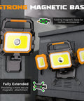 Beastly 40W Rechargeable LED Work Light With Magnetic Base, 4000 Lumens, shown mounted on a metal surface, highlighting foldable design.