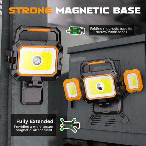 Beastly 40W Rechargeable LED Work Light With Magnetic Base, 4000 Lumens, shown mounted on a metal surface, highlighting foldable design.