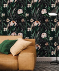 Room with Dope Boho Floral Peel And Stick Wallpaper Black Background With Green Leaves And Pink Flowers 17.7 Inches Wide By 315 Inches Long Removable Self Adhesive Flower Wall Paper Roll For Bedroom Bathroom Cabinets Covers 38.75 Sq Ft behind a sofa and lamp.