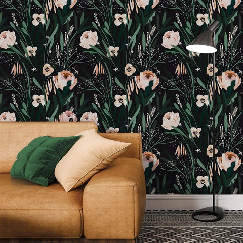 Room with Dope Boho Floral Peel And Stick Wallpaper Black Background With Green Leaves And Pink Flowers 17.7 Inches Wide By 315 Inches Long Removable Self Adhesive Flower Wall Paper Roll For Bedroom Bathroom Cabinets Covers 38.75 Sq Ft behind a sofa and lamp.