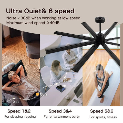 84 Inch Smart Outdoor Ceiling Fan With Light Knockout Industrial Design Eight Anodized Aluminum Blades Quiet Dc Motor Serious Airflow Built Tough Weatherproof in black with six speed settings.