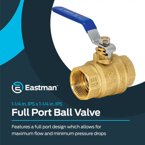 1-1/4 Inch IPS Beefed-Up Full Port Ball Valve Brass Plumbing Fitting Inline Shut Off For Maximum Flow Low Pressure Drop