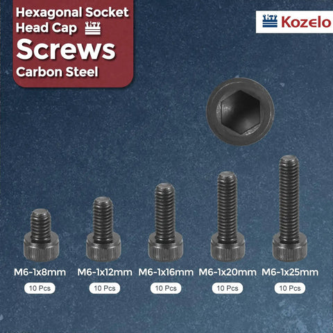 Premium Heavy Bolt Set 50 Piece M6 Hex Socket Head Cap Screws Nuts Assortment Kit including various lengths of screws.