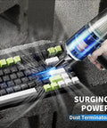 3 In 1 Cordless Handheld Vacuum And Air Duster cleaning keyboard with high power, showing surging power on keys