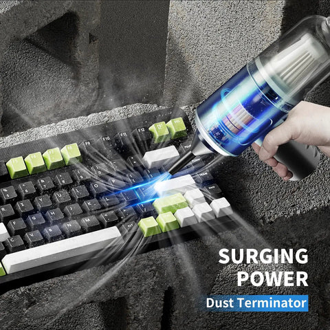 3 In 1 Cordless Handheld Vacuum And Air Duster cleaning keyboard with high power, showing surging power on keys