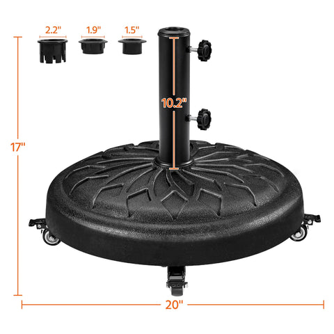 Heavy Duty Round Umbrella Base With 4 Lockable Rolling Wheels And 2 Knobs, 45 Lb Weatherproof Resin Iron Stand For 20 Inch Market Patio Umbrellas