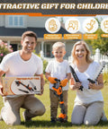 Family outdoors with a 3-in-1 Kids Yard Tools Set With Realistic Lights And Sounds, holding toy chainsaw and weed wacker
