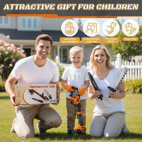 Family outdoors with a 3-in-1 Kids Yard Tools Set With Realistic Lights And Sounds, holding toy chainsaw and weed wacker