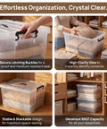 Heavy Duty 90 Quart Clear Storage Bins With Lids Six Pack stacked in closet for organizing clothing and household items.