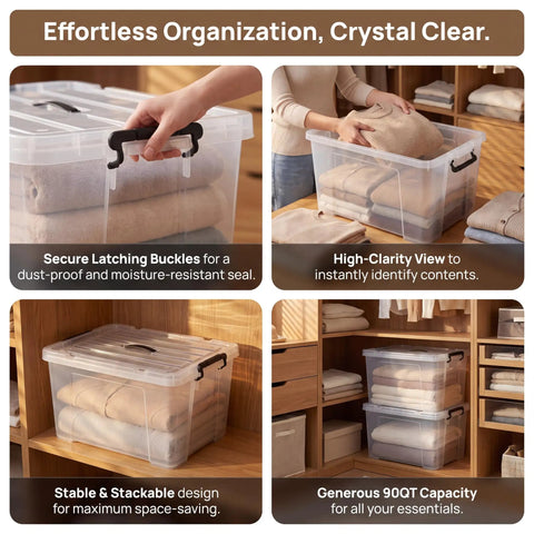 Heavy Duty 90 Quart Clear Storage Bins With Lids Six Pack stacked in closet for organizing clothing and household items.
