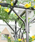 Close-up of the 82 Inch Metal Garden Trellis Arch With Durable Steel Tubing And Elegant Scrollwork, Weather Resistant Gray Finish