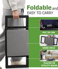 Person holding a folded Heavy Duty Foldable Garden Kneeler and Seat with Handle next to informational graphics showing portability.