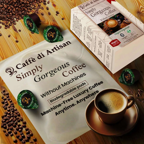 Nilgiris Organique Liquid Coffee Pods Medium Dark Arabica Roast 24 Count Peel And Pour Convenience For Cold Brew Iced Or Hot Coffee Machine Free Eco Friendly Gourmet Flavor shown with packaging and a cup of coffee.