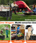 Foldable Wagon With Wheels For Beach And Camp, Collapsible Wagon Cart With Two Cup Holders, Lightweight Portable Black in use