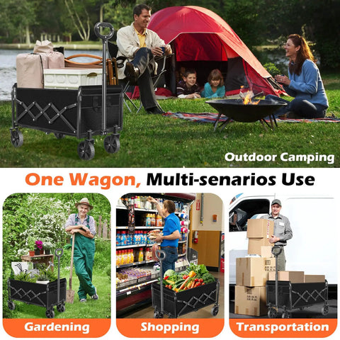 Foldable Wagon With Wheels For Beach And Camp, Collapsible Wagon Cart With Two Cup Holders, Lightweight Portable Black in use