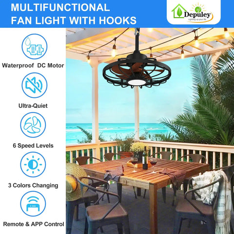 Outdoor Ceiling Fan With Lights 20 Inch Waterproof Plug In Ceiling Fan With Remote And App Control, 6 Speeds Reversible Downdraft And Updraft, IP65 Wet Rated For Patios Gazebos Pergolas, Walnut Finish shown installed in a patio setting.
