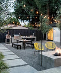 Two Pack 11 Foot Rust Proof Steel String Light Poles With Heavy Duty Stands And Five Prong Stabilizers in outdoor patio scene