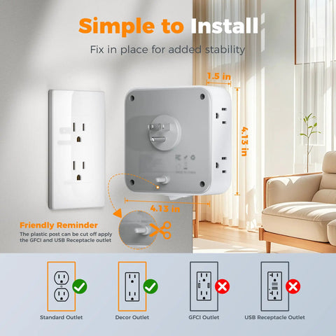 11 In 1 Wall Outlet Extender With 8 Sockets 1 USB C And 2 USB A Ports Surge Protector With Power Switch, shown being installed