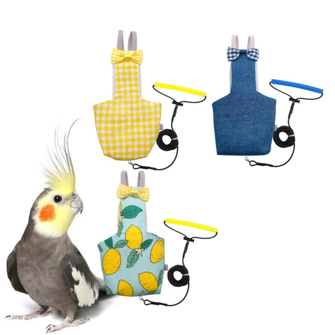 Bird Diaper Harness Flight Suit Set With 80 Inch Flying Leash Rope For Parrots Conure Cockatiel And Small Pet Birds Must Have Weighing 80 To 105 Grams 3 Piece Kit Including Three Leashes And Three Cotton Pads in various patterns displayed with a cockatiel.