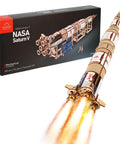 Saturn V 3D Puzzle Kit for Adults Wooden Model Rocket Set Space Shuttle Model Aerospace Engineering Gift Epic Nerdy Brain Teaser Hobby Craft Full DIY Kit for Collectors and Builders, box and assembled rocket with flames