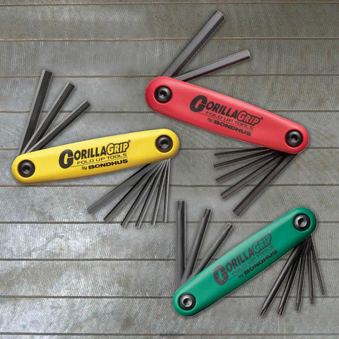 GorillaGrip Fold Up Hex And Torx Set Triple Pack With Color Coded Handles Includes 2mm 2.5mm 3mm 4mm 5mm 6mm 8mm Hex Sizes And Five Sixty Fourths To One Quarter Inch Hex Sizes Plus Torx T9 To T40 Made In USA Ultra Durable Pocket Tool Kit On The Go For, shown with red, yellow, and green handles on wood background.