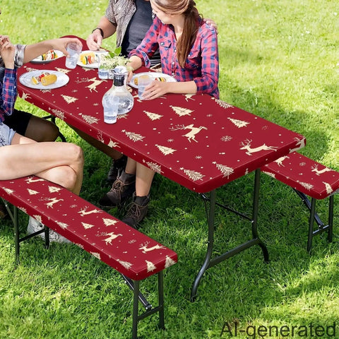Christmas Reindeer Fitted Picnic Table and Bench Cover Set with Windproof design at outdoor gathering