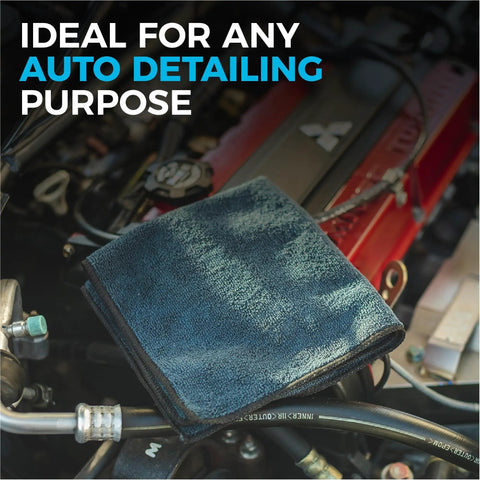 All-Purpose Microfiber Cleaning Towels Pack 12, 16x16 Inches, 300gsm, displayed on a car engine for auto detailing