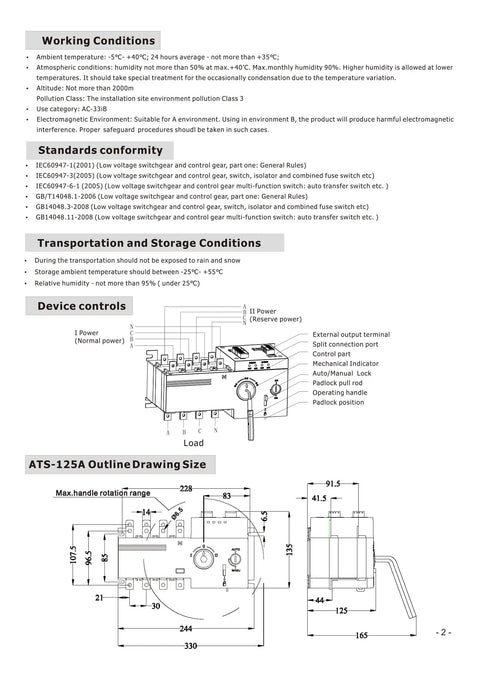 Diagram of Automatic Transfer Switch 125 Amp 120 208 Volt 50 60 Hz Four Pole with details on device controls and dimensions.
