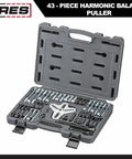 Open case displaying 43-Piece Harmonic Balancer Puller Kit With Heavy-Duty 4-Way Slotted Yoke, Pro-Grade Center Forcing Screw